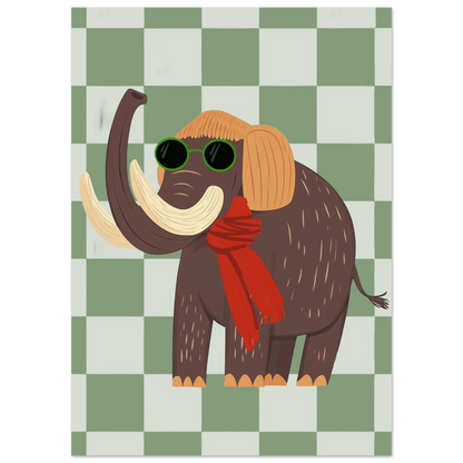 Närbild på illustrerad mammut med röd scarf och runda mörka glasögon