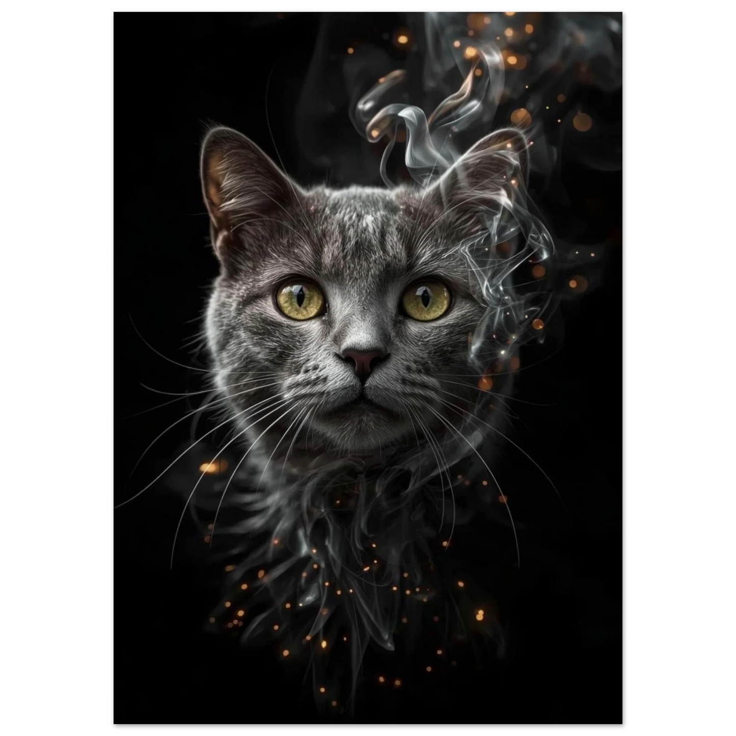Närbild på kattansikte med eterisk rök och glödande ljuspunkter i mörkret