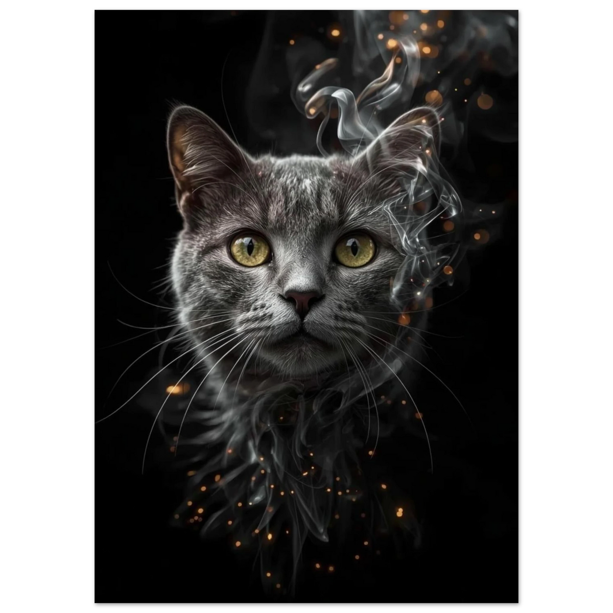Närbild på kattansikte med eterisk rök och glödande ljuspunkter i mörkret
