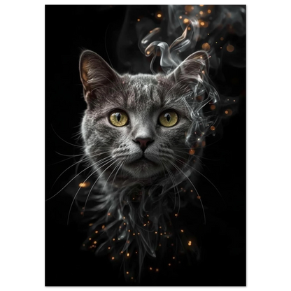 Närbild på kattansikte med eterisk rök och glödande ljuspunkter i mörkret