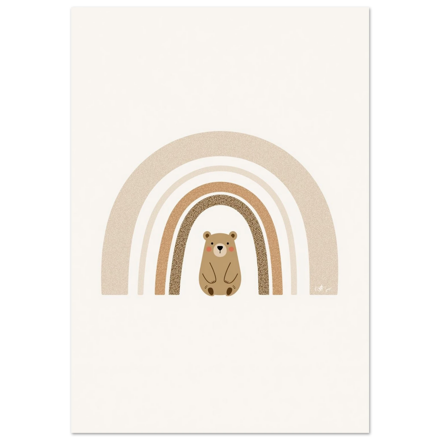 Illustration av en söt björn under en jordnära regnbåge, krämvit bakgrund