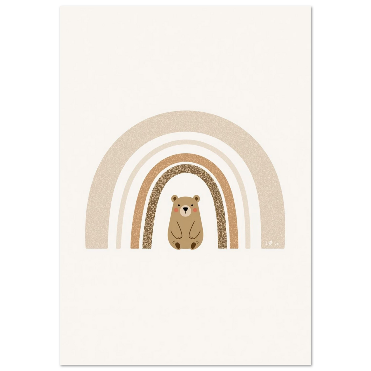 Illustration av en söt björn under en jordnära regnbåge, krämvit bakgrund