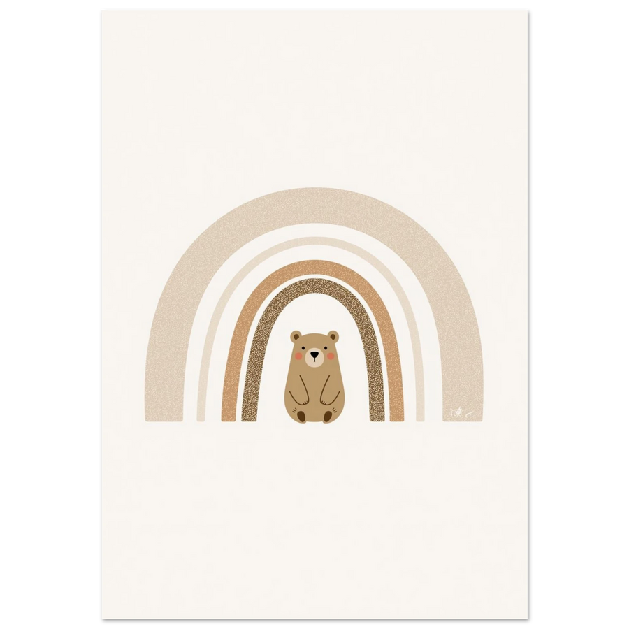 Illustration av en söt björn under en jordnära regnbåge, krämvit bakgrund