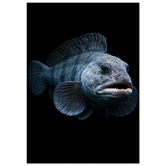 Havskatt i helfigur framifrån med öppen mun mot svart bakgrund – Fotorealistisk poster