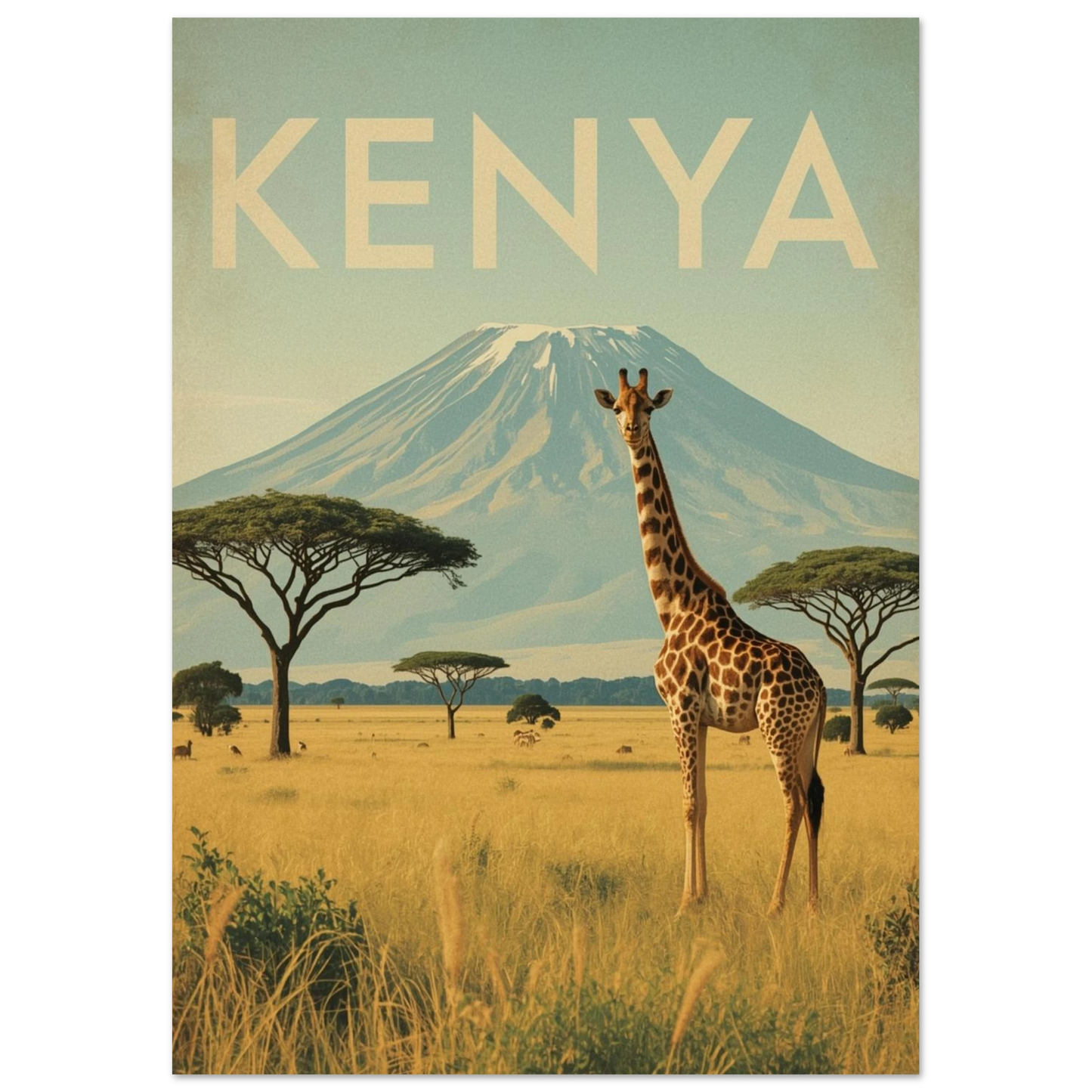 Kenya motiv med giraff och akacieträd i varmt solljus