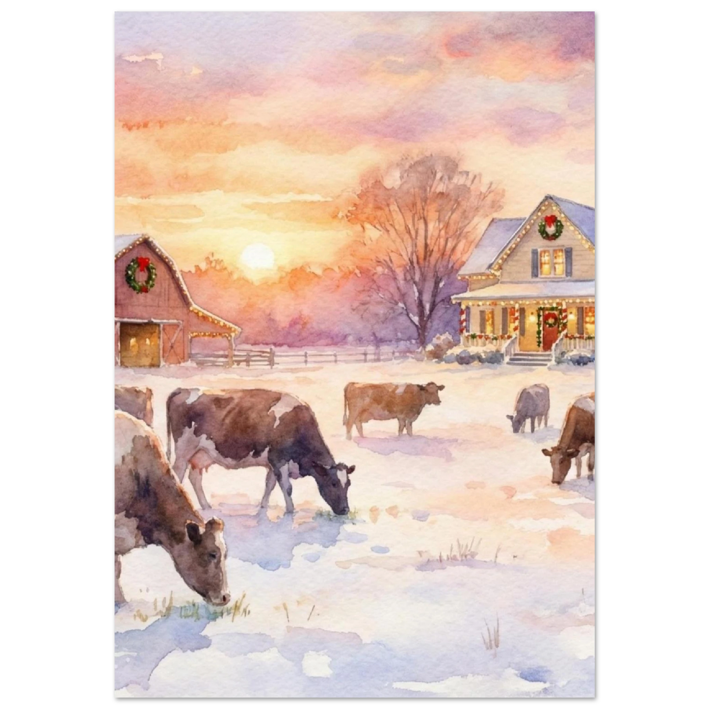 Brunvita kor på snötäckt fält vid solnedgång – akvarellposter med lantligt tema
