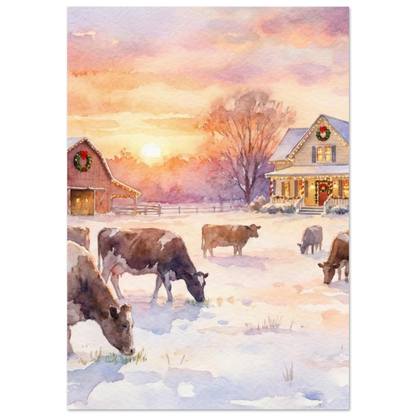 Brunvita kor på snötäckt fält vid solnedgång – akvarellposter med lantligt tema