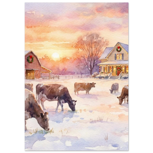 Brunvita kor på snötäckt fält vid solnedgång – akvarellposter med lantligt tema