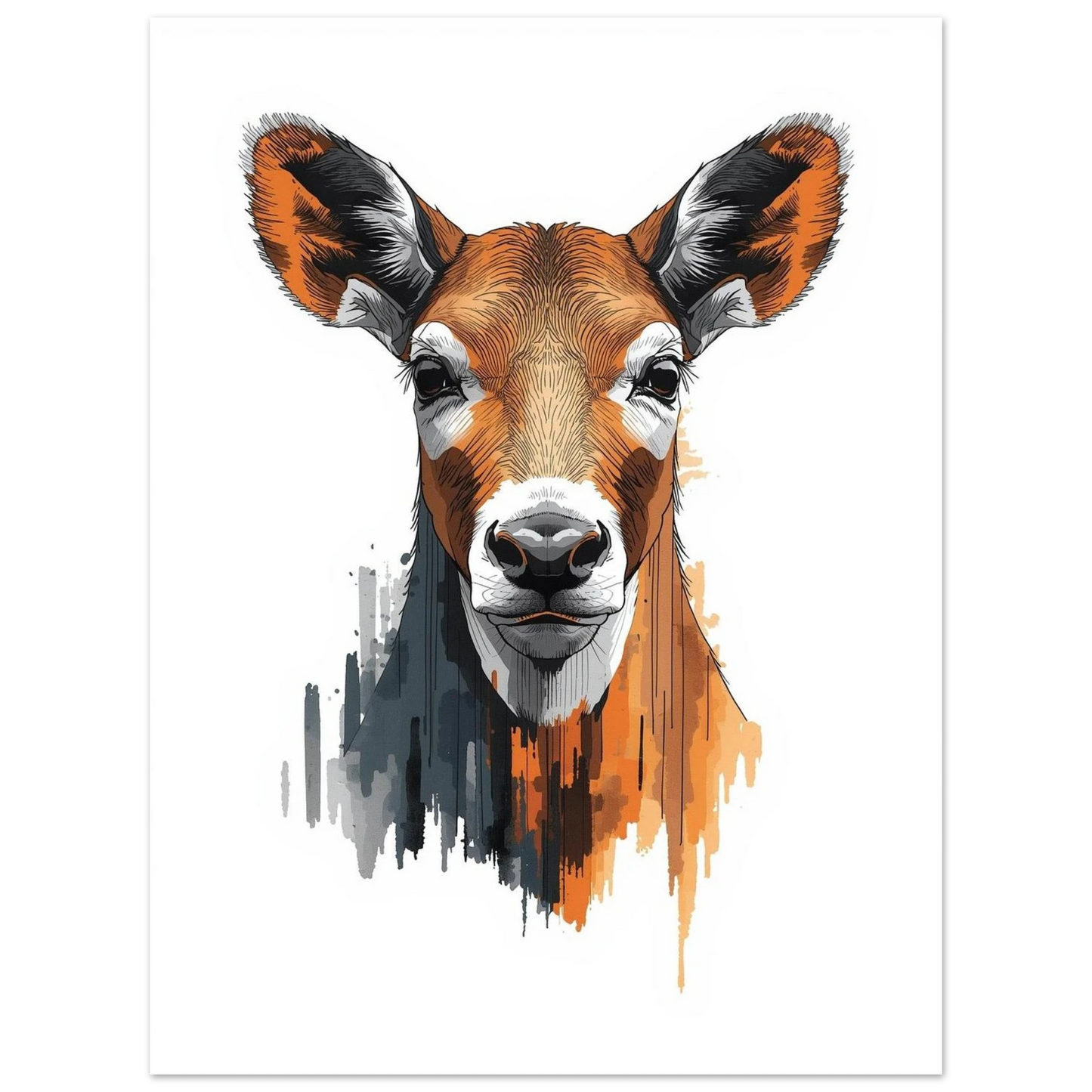 Hjortmotiv med orangea och grå detaljer på vit bakgrund – Målad poster