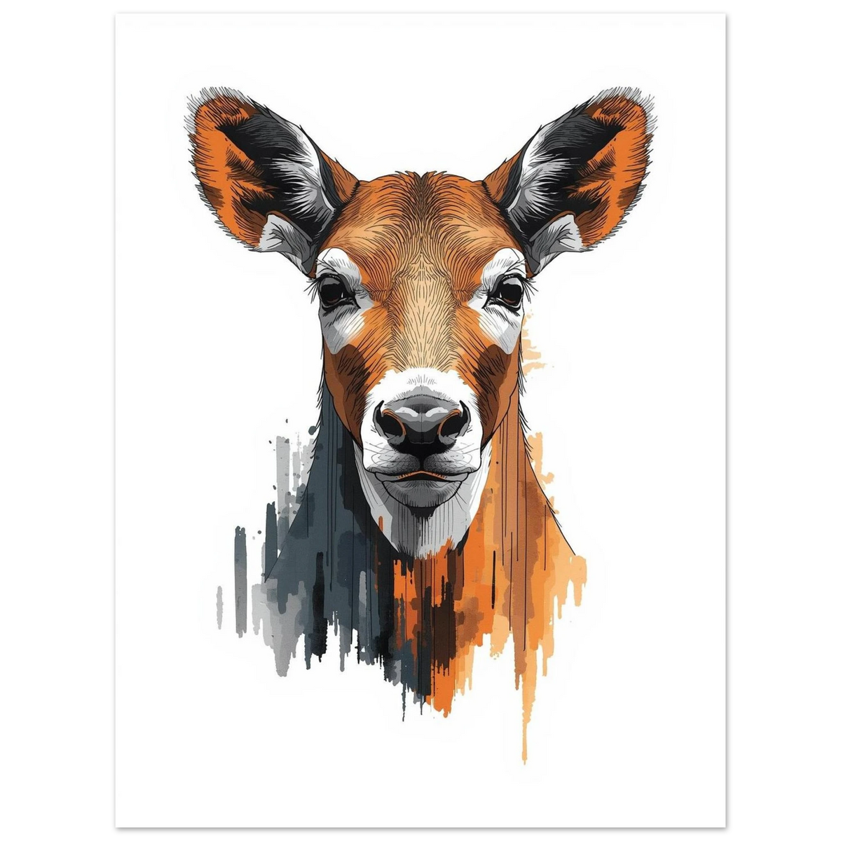 Hjortmotiv med orangea och grå detaljer på vit bakgrund – Målad poster