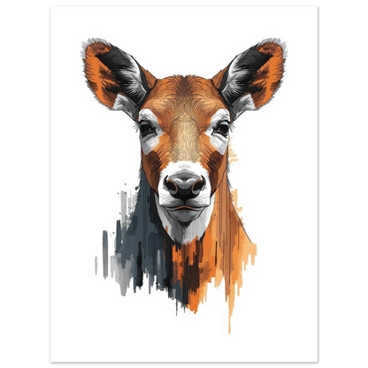 Hjortmotiv med orangea och grå detaljer på vit bakgrund – Målad poster