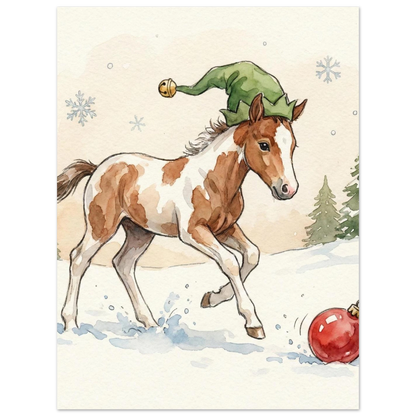 Söt hästposter med julmotiv föreställande ett föl i en grön luva