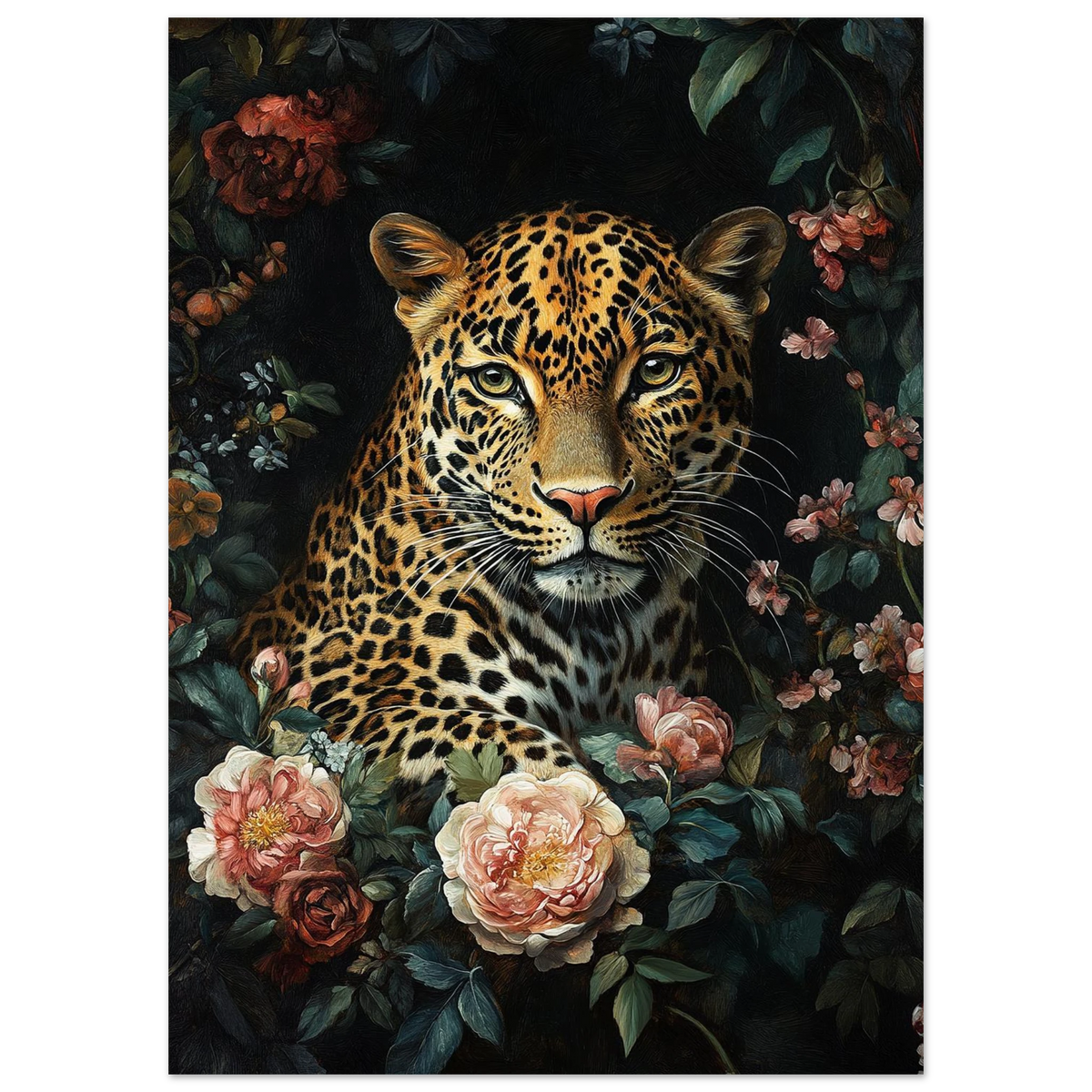 Närbild på leopard i blomsterarrangemang, oljemålning på svart bakgrund
