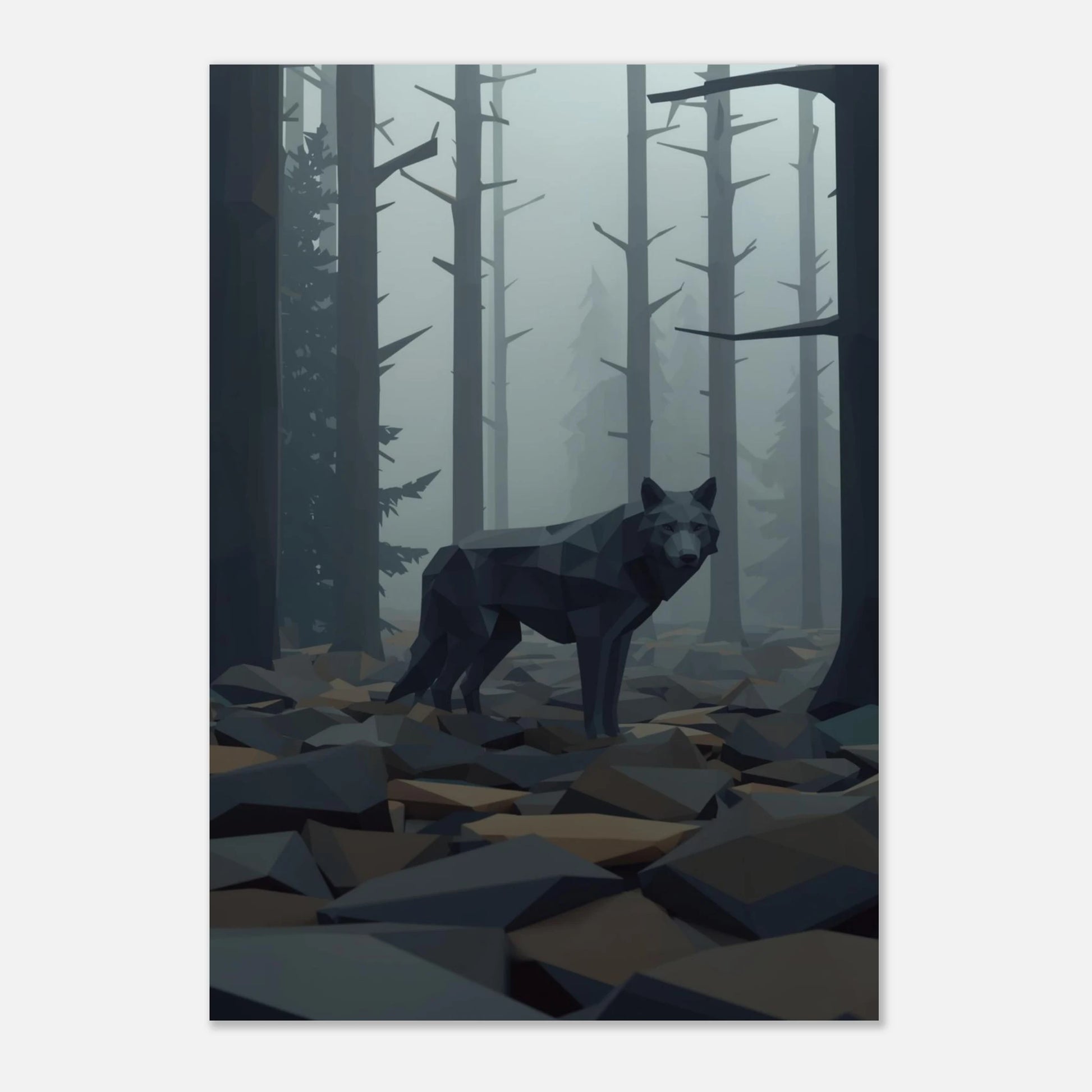 Geometrisk djurkonst föreställande en varg i en mystisk skog