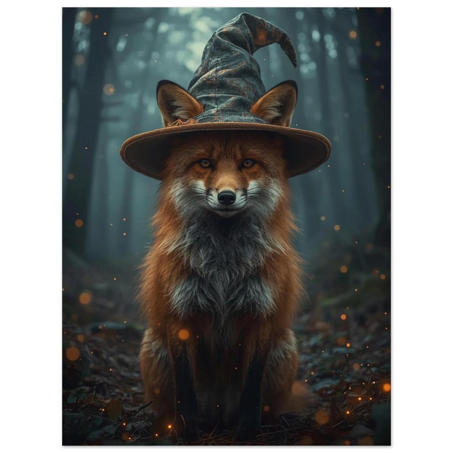 Digital illustration av en räv i spetsig hatt bland dimma
