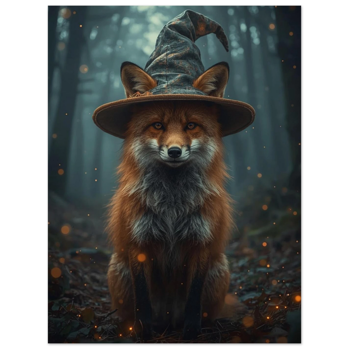 Digital illustration av en räv i spetsig hatt bland dimma
