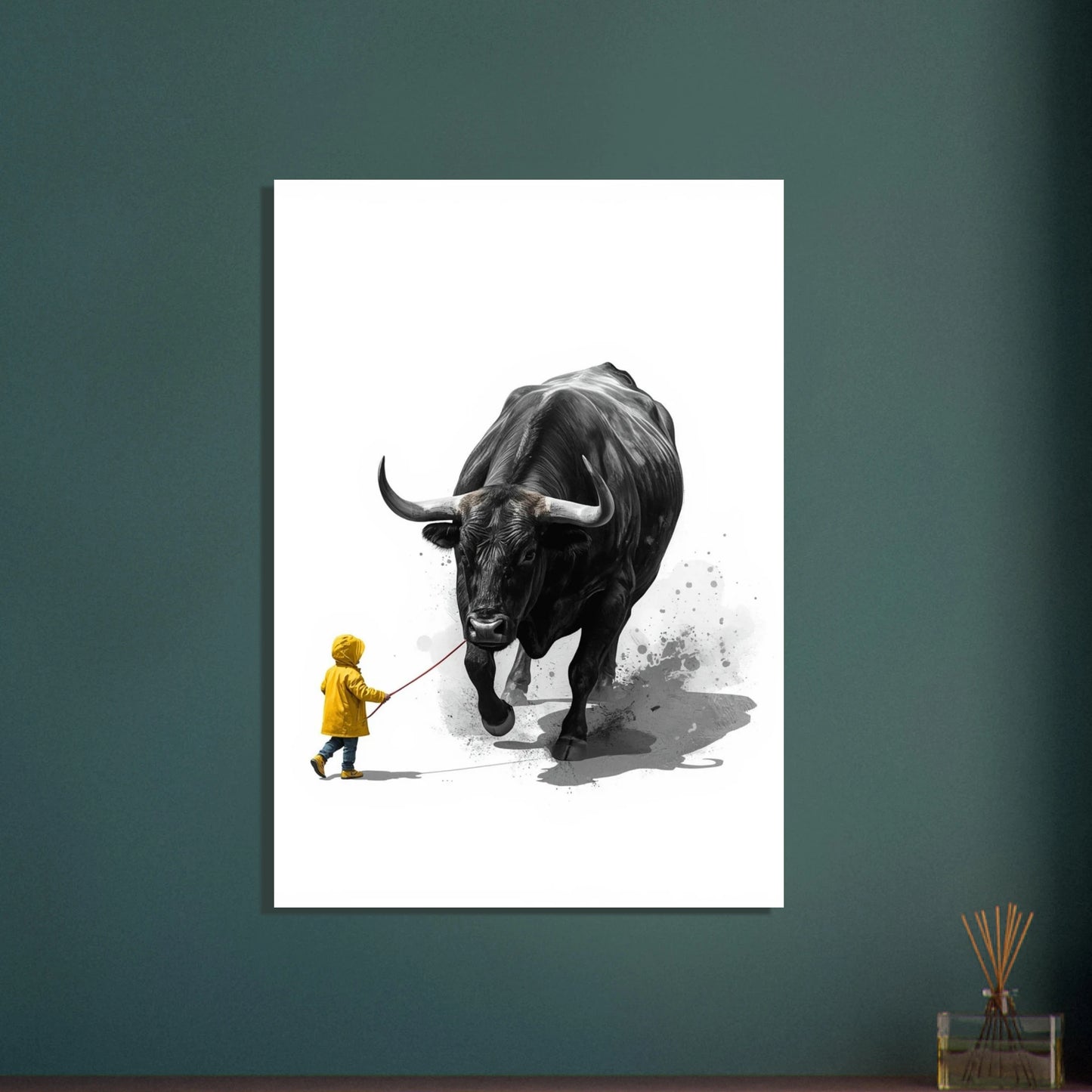 Kraftfull tjur i minimalistisk illustration med stänk av färg