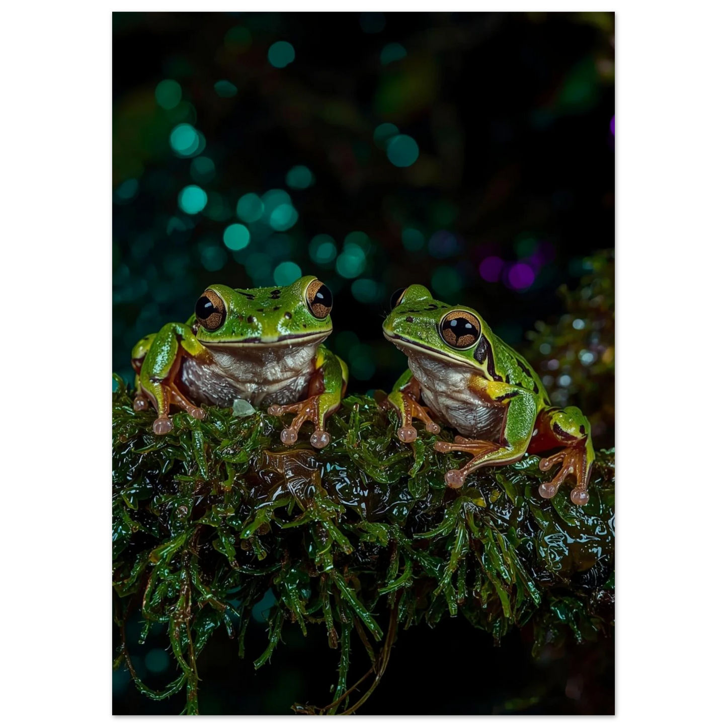 Närbild på grodor i regnskogsmiljö med turkos bokeh – stämningsfullt djurmotiv