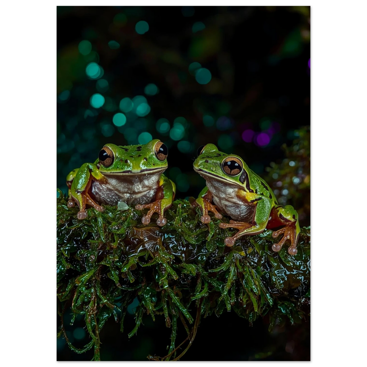 Närbild på grodor i regnskogsmiljö med turkos bokeh – stämningsfullt djurmotiv