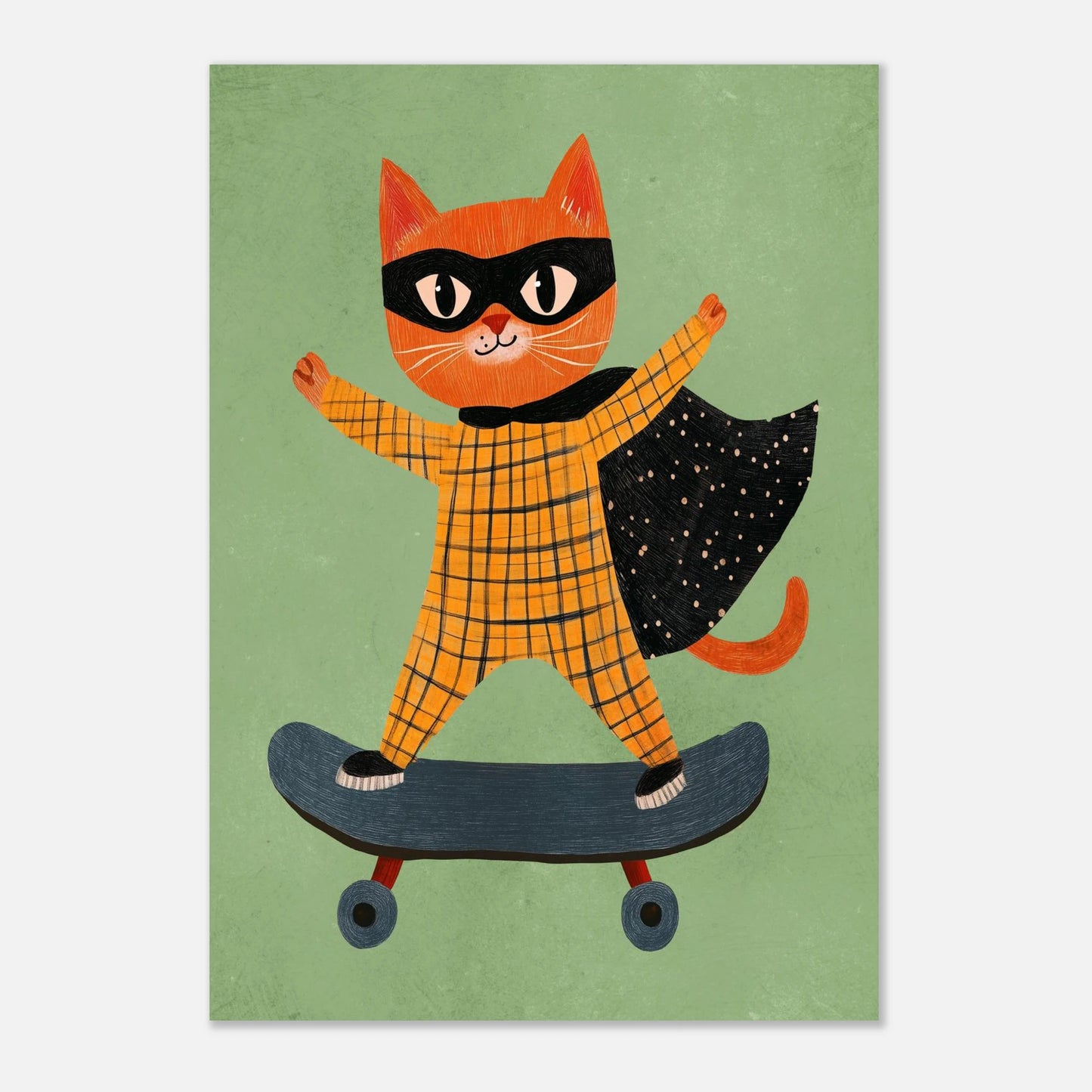Modig orange katt på skateboard med stjärnmönstrad cape – lekfull väggkonst