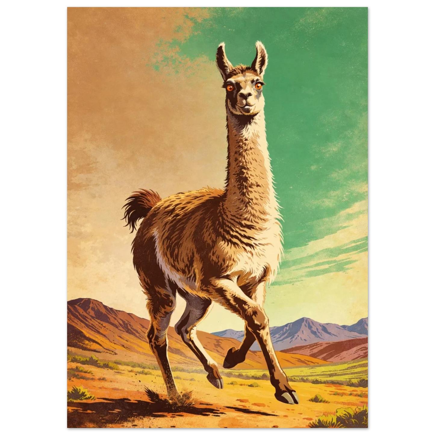 Konstnärlig illustration av en lama i rörelse genom ett vidsträckt landskap