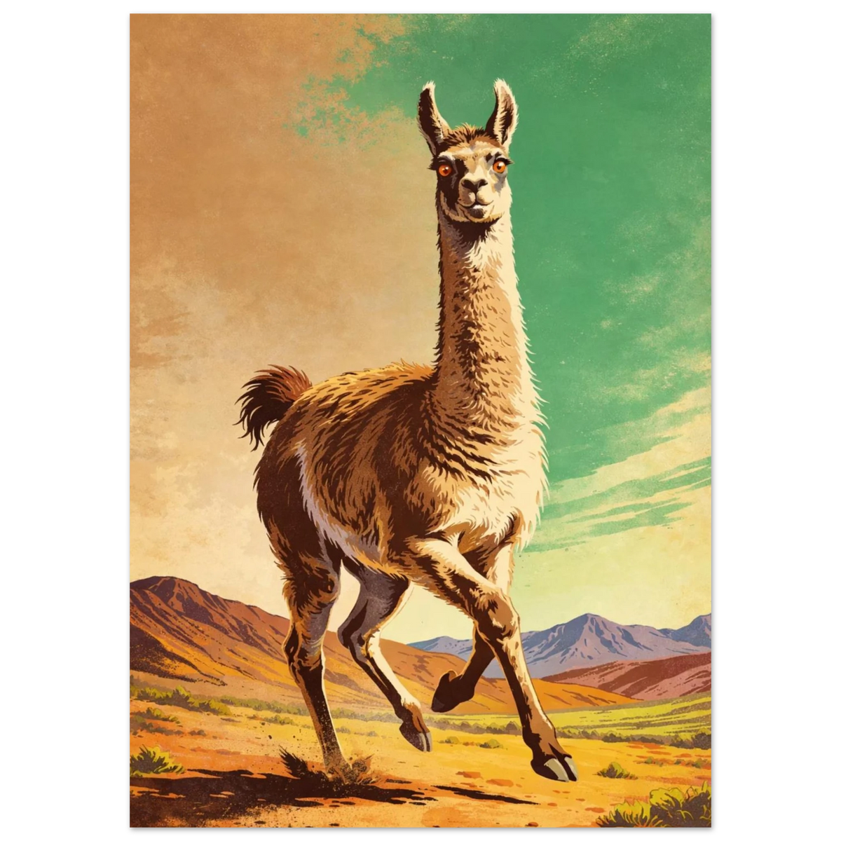 Konstnärlig illustration av en lama i rörelse genom ett vidsträckt landskap