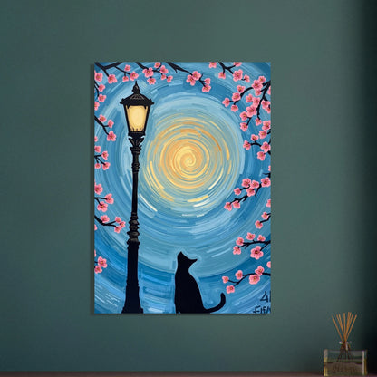 Kattens silhuett under spiralhimmel, omgiven av körsbärsblommor.