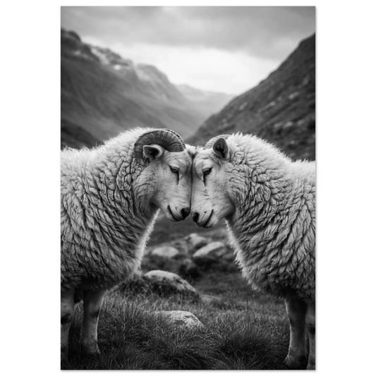 Svartvit poster med två får som står pannorna mot varandra i ett bergigt landskap – Fotorealistisk poster