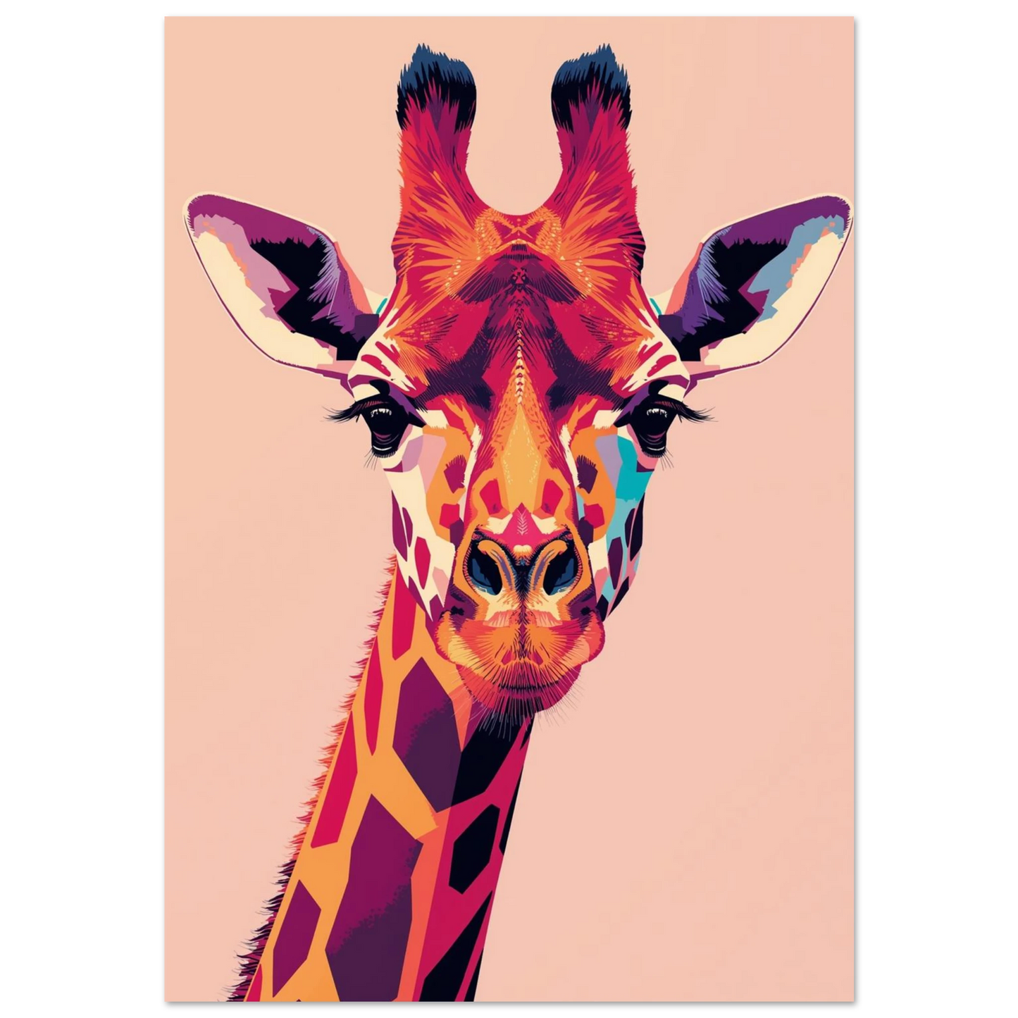 Färgglad giraff i popkonst-stil med lila och orangea nyanser
