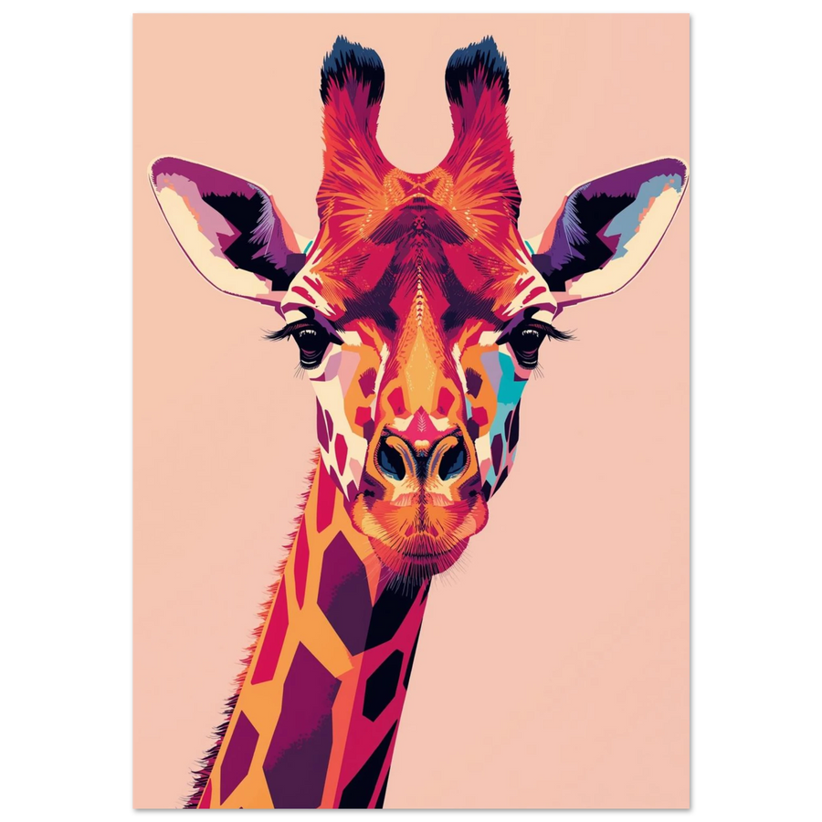 Färgglad giraff i popkonst-stil med lila och orangea nyanser