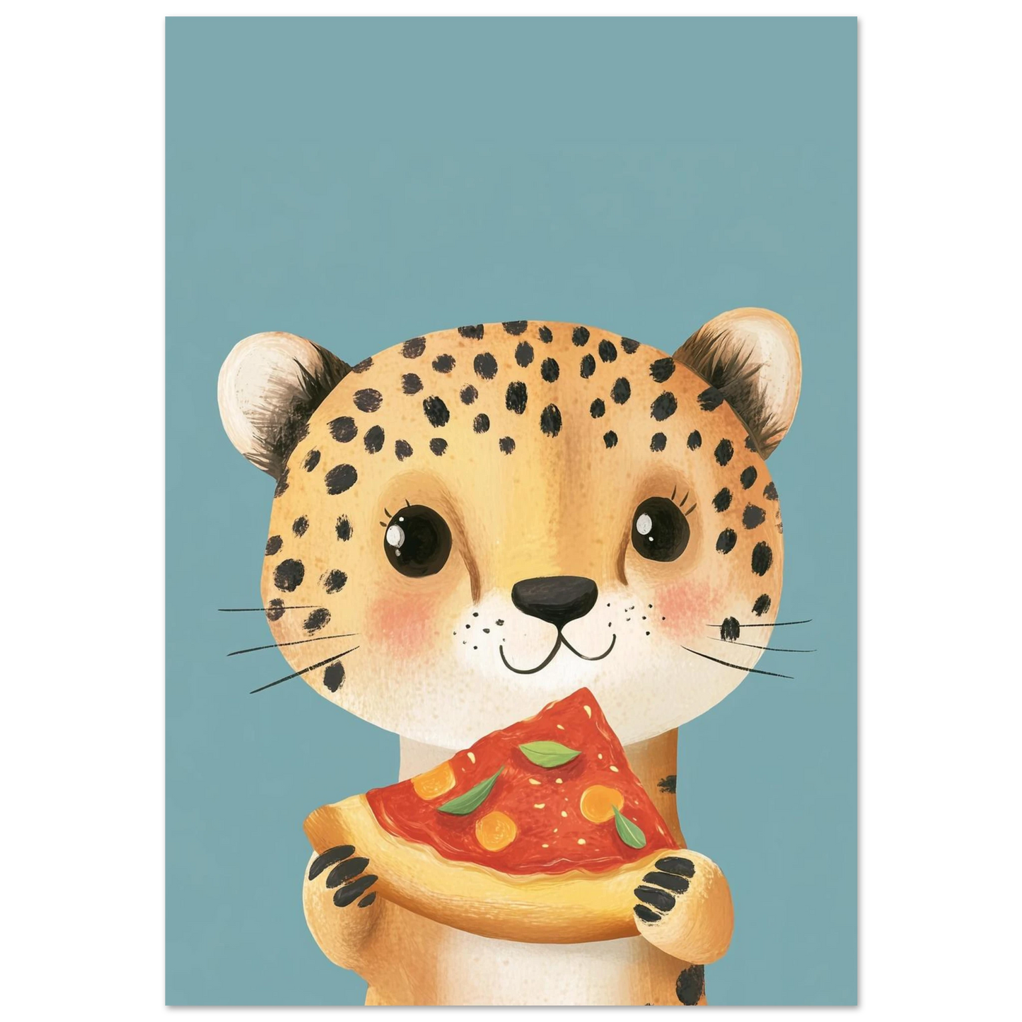Söt gepardunge som håller i en pizzaslice, lekfull illustration på blå bakgrund