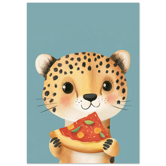 Söt gepardunge som håller i en pizzaslice, lekfull illustration på blå bakgrund