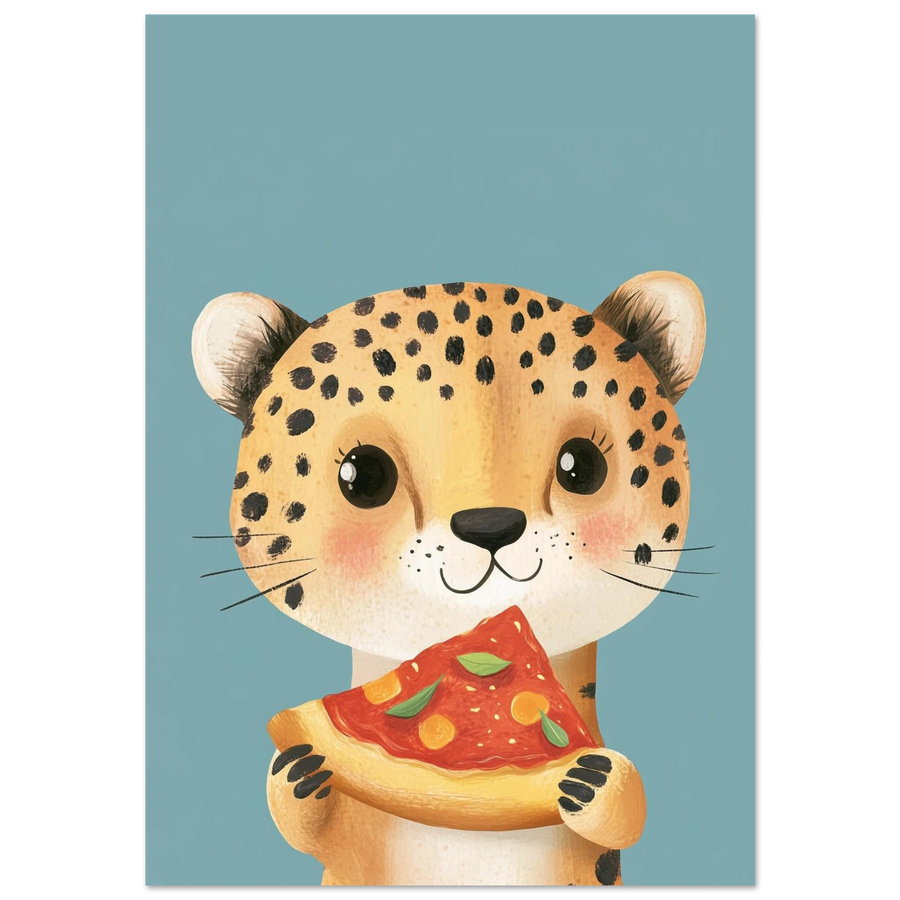 Söt gepardunge som håller i en pizzaslice, lekfull illustration på blå bakgrund