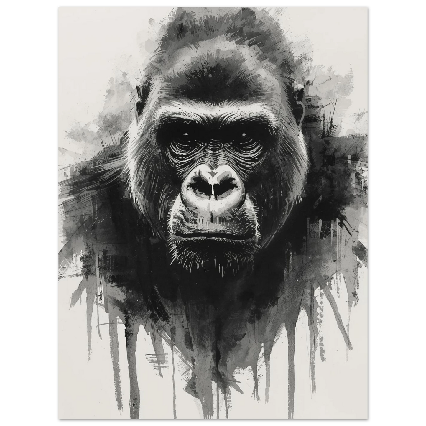 Detaljrik illustration av en gorilla med fokus på ansiktsuttryck och skuggspel.