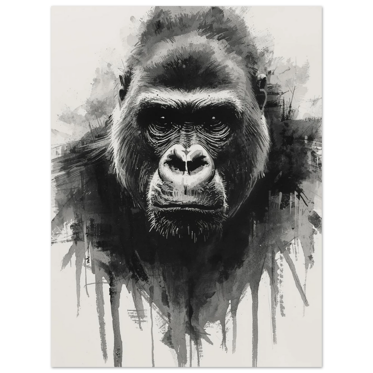 Detaljrik illustration av en gorilla med fokus på ansiktsuttryck och skuggspel.