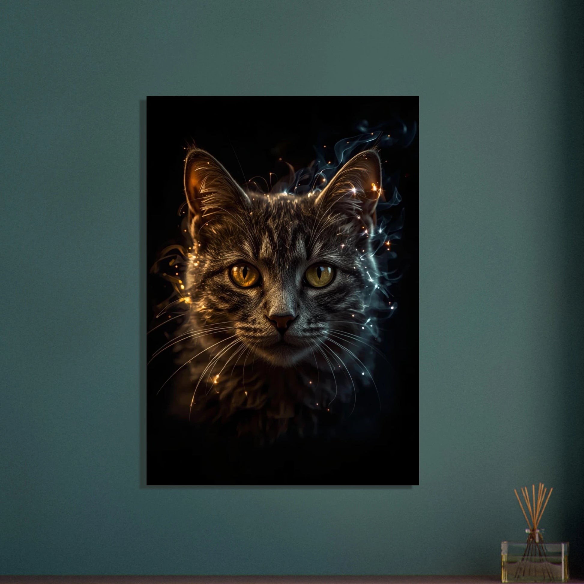 Mystisk katt med glödande ögon och magiska gnistor i mörkret.