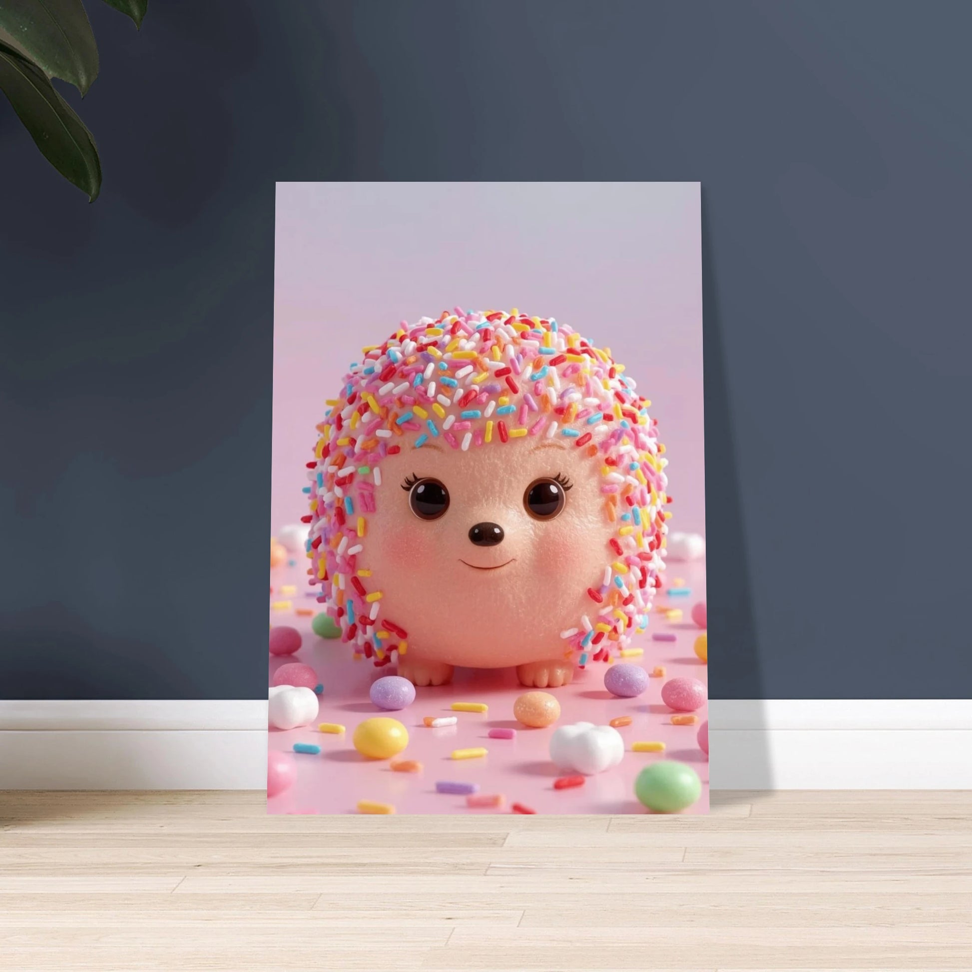 Söt igelkott av godisströ på rosa bakgrund med godisbitar