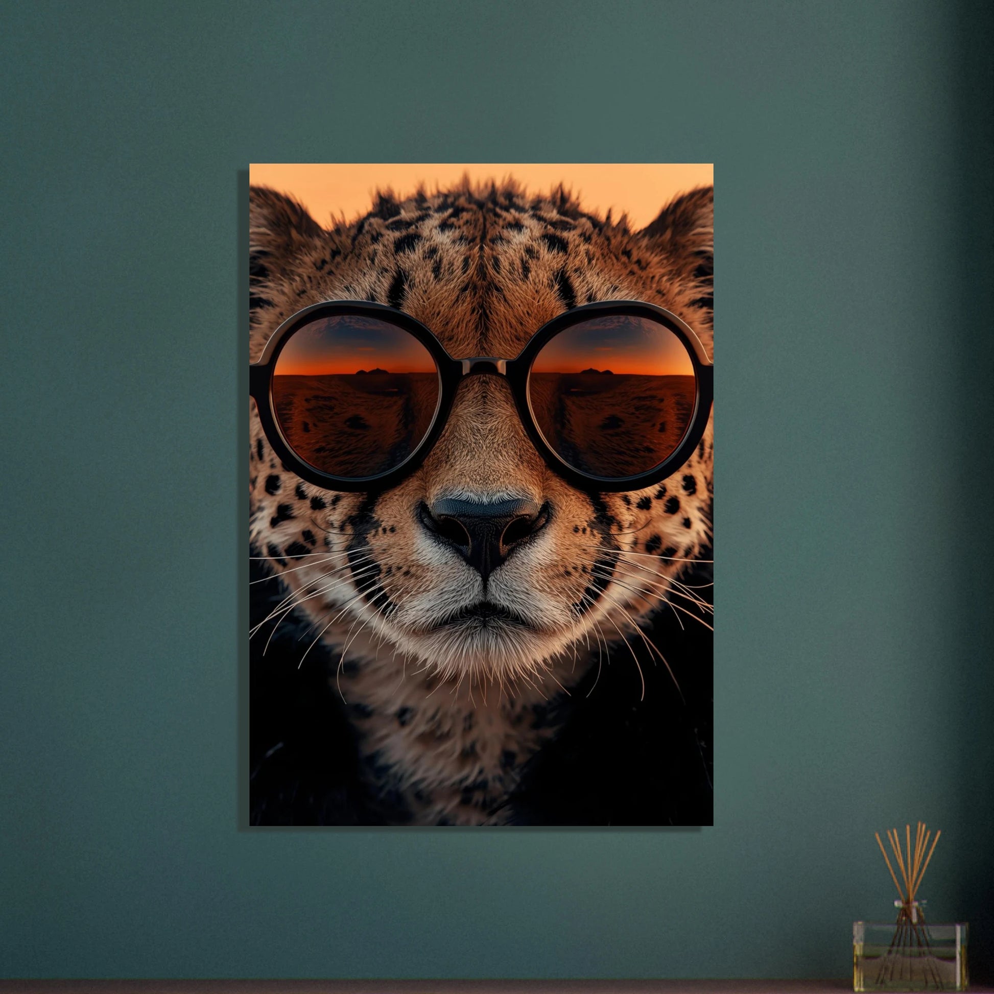 Gepard med solnedgång reflekterad i glasögon, detaljerad närbild