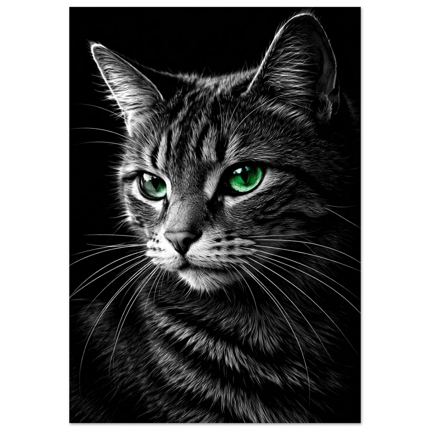 Detaljerad bild av en katt med grå päls och lysande gröna ögon på svart bakgrund – fotorealistisk poster