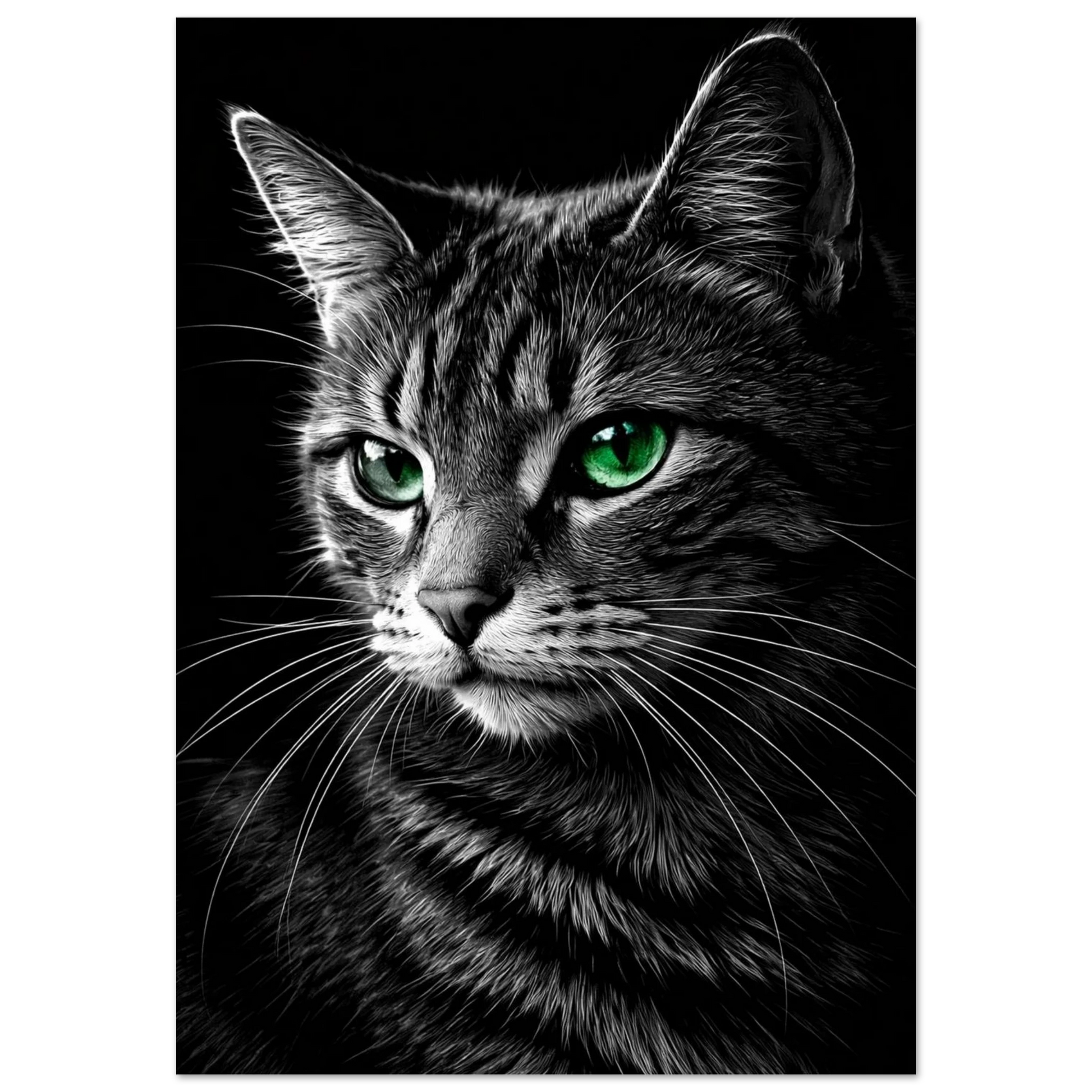 Detaljerad bild av en katt med grå päls och lysande gröna ögon på svart bakgrund – fotorealistisk poster