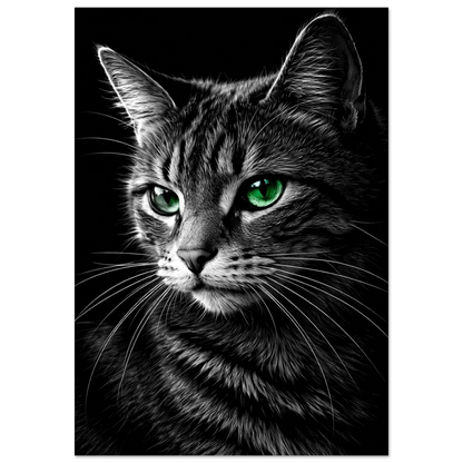 Detaljerad bild av en katt med grå päls och lysande gröna ögon på svart bakgrund – fotorealistisk poster