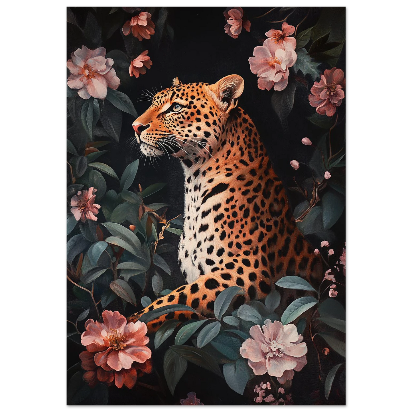 Leopard i profil omgiven av rosa blommor och mörka blad, konstnärligt djurmotiv