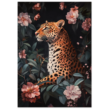 Leopard i profil omgiven av rosa blommor och mörka blad, konstnärligt djurmotiv