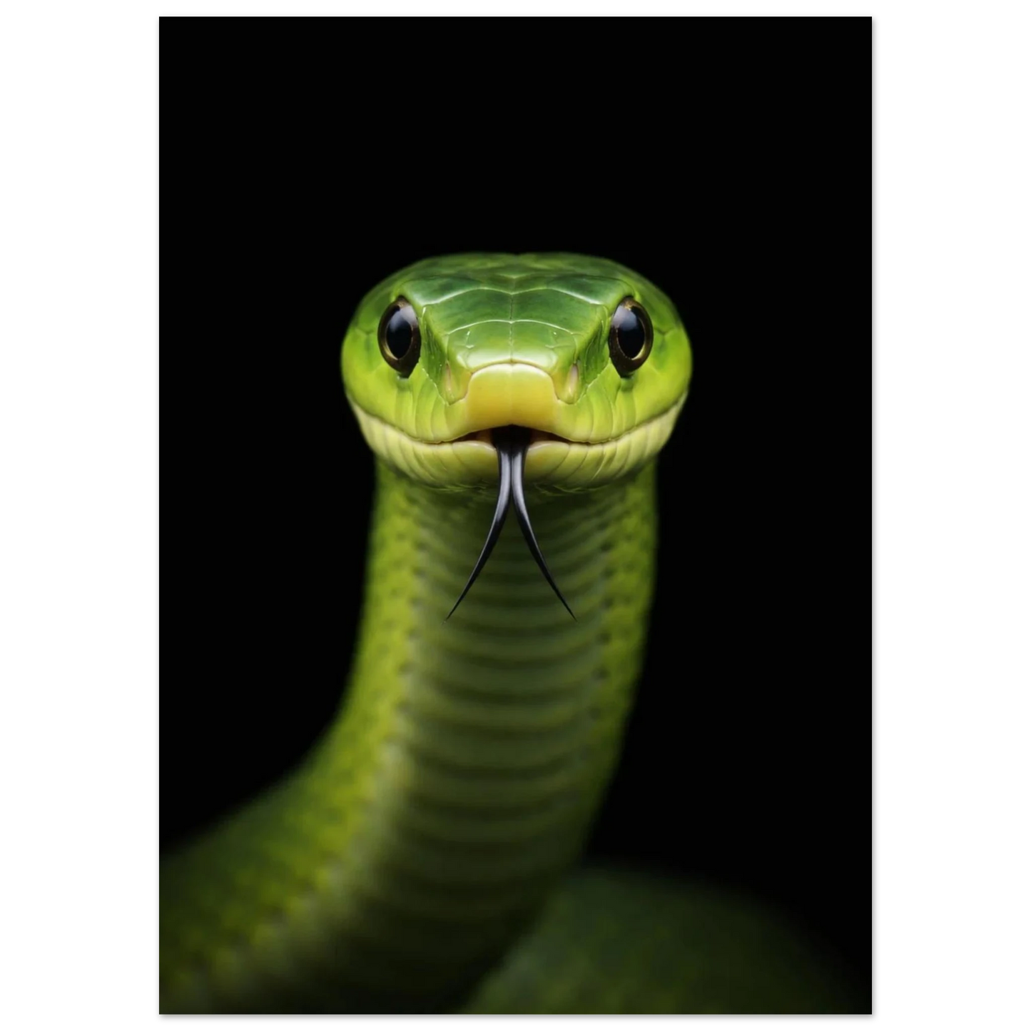 Porträtt av Grön Mamba med fokus på huvud och tunga – Fotorealistisk poster