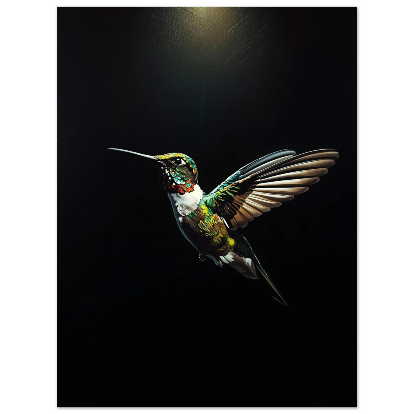 Mörk tavla med en lysande kolibri i vibrerande neonfärger