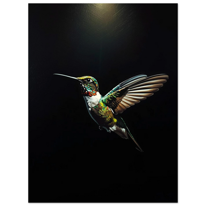 Mörk tavla med en lysande kolibri i vibrerande neonfärger