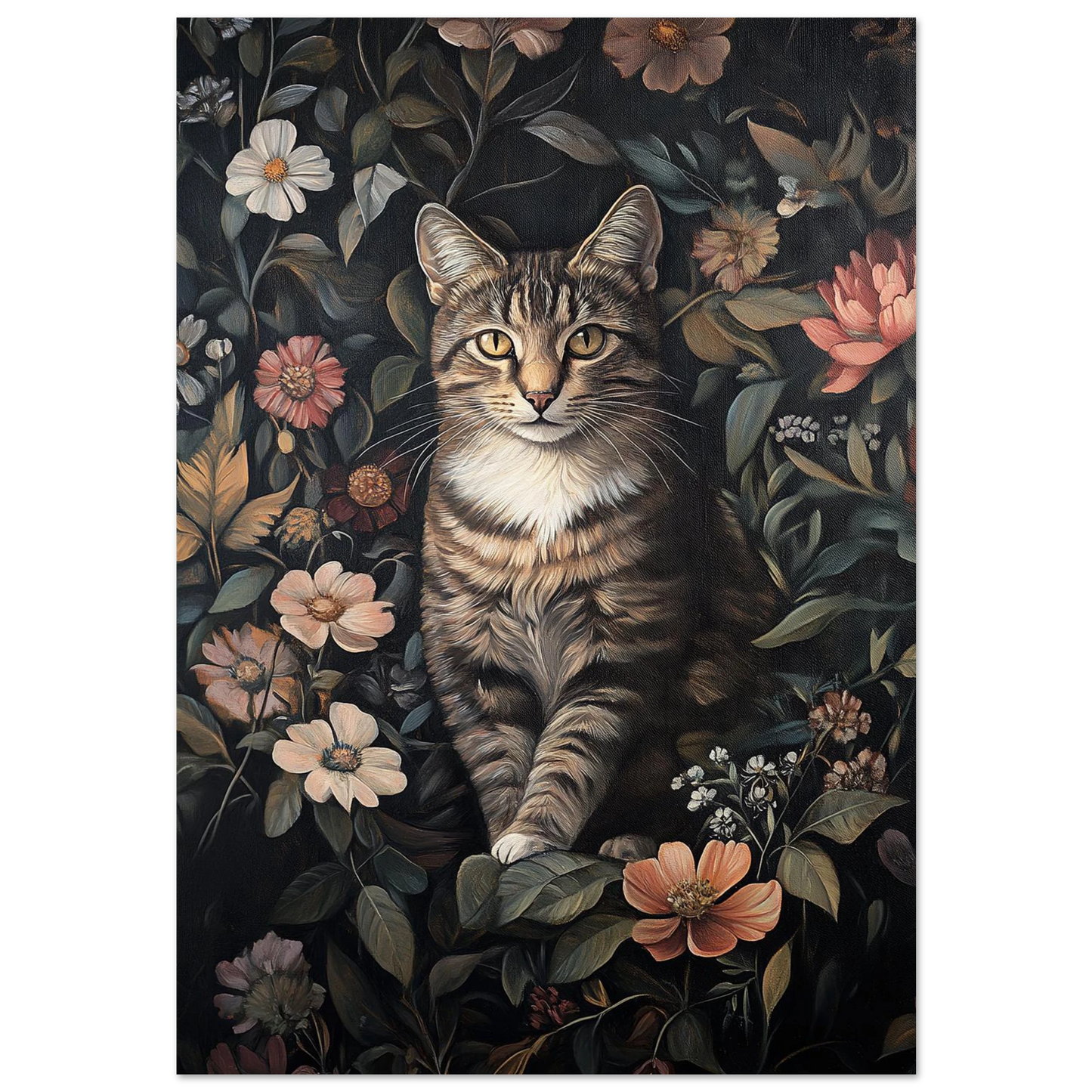 Tigrerad katt i mörk blomstergård med svarta kanter – djurposter