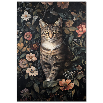 Tigrerad katt i mörk blomstergård med svarta kanter – djurposter