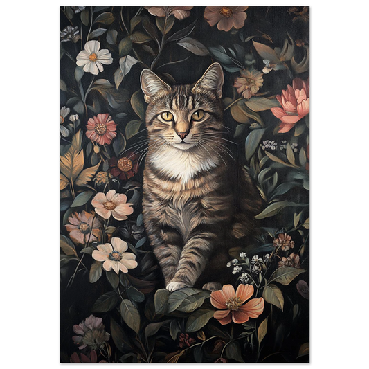 Tigrerad katt i mörk blomstergård med svarta kanter – djurposter