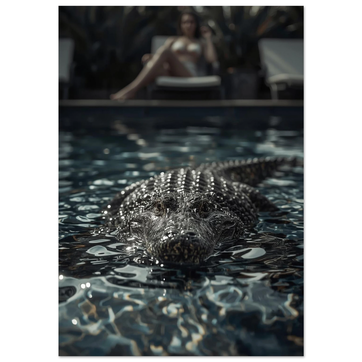 Alligator i mörk pool med kvinna i bakgrunden – filmisk fotoposter